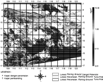 Gambar 4.Peta Fishing ground Tuna dan Lokasi Kapal Survei  Tanggal 12 Juni 2007 (dengan Peta Dasar Distribusi KelimpahanKhlorofil-a)