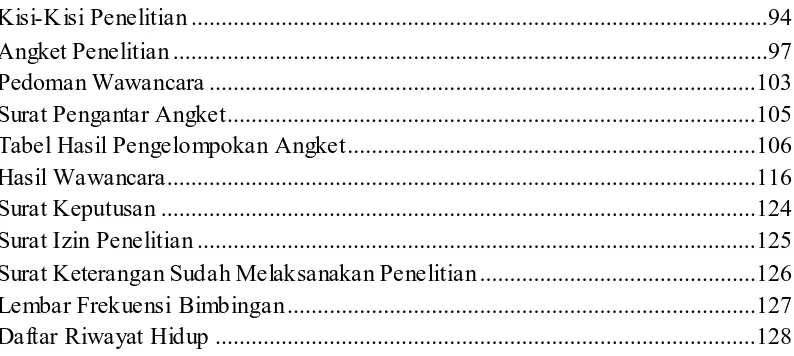 Tabel Hasil Pengelompokan Angket....................................................................106 Hasil Wawancara..................................................................................................116 Surat Keputusan ...................................................................................................124 