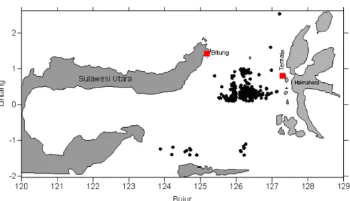 Gambar 1. Lokasi daerah penangkapan kapal contoh berdasarkan atas estimasi tawur Figure 1