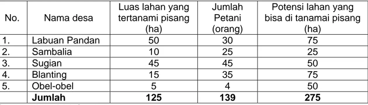Tabel 5.Data luas lahan dan jumlah petani yang telah mengadopsi teknologi budidaya   pisang pada beberapa desa di Kecamatan Sambalia, Lombok timur