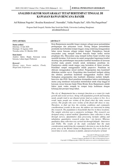 ANALISIS FAKTOR MASYARAKAT TETAP BERTEMPAT TINGGAL DI KAWASAN RAWAN ...