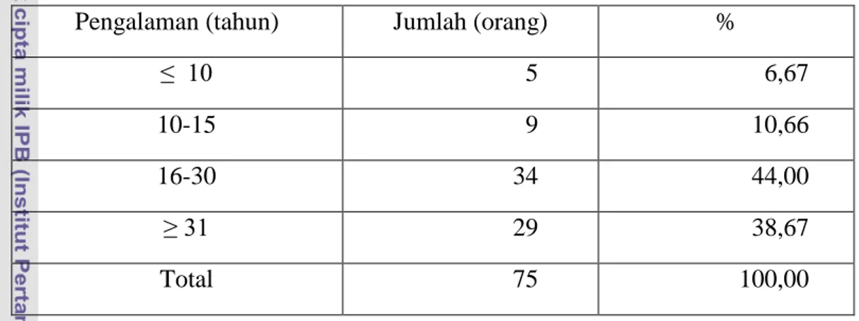 Tabel 16.  Sebaran Responden Menurut Pengalaman Usahatani Ubi Jalar di Desa  Purwasari Tahun 2010  