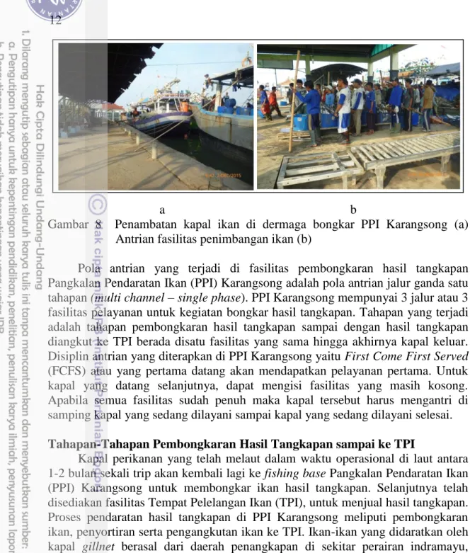 Gambar  8    Penambatan  kapal  ikan  di  dermaga  bongkar  PPI  Karangsong  (a)  Antrian fasilitas penimbangan ikan (b) 