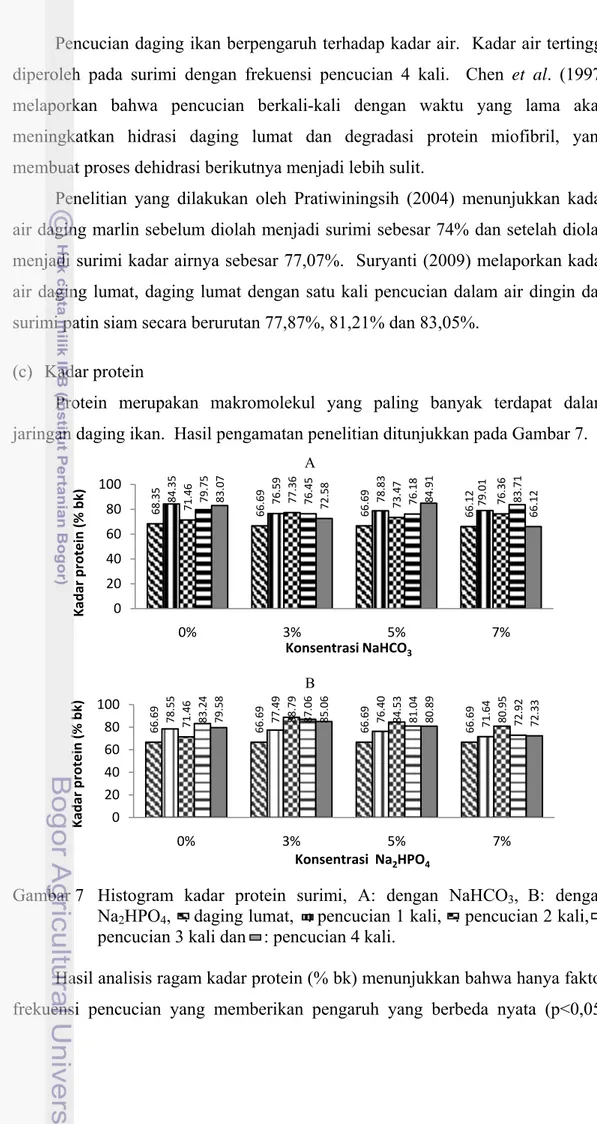 Gambar 7   Histogram  kadar  protein surimi, A: dengan NaHCO 3 , B: dengan 