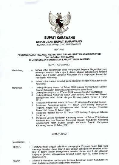 BUPATI KARAWANG. KEPUTUSAN BUPATI KARAWANG NOMOR: /Kep /BKPSDM/2022 TE ...