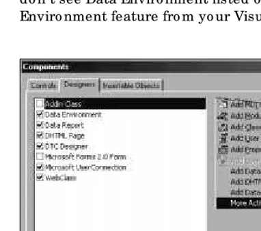 Figure 9-1: Adding the Data Environment Designer to the Visual Basic IDE