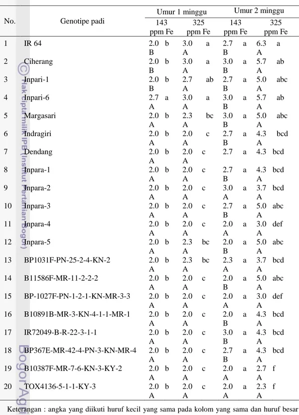 Tabel 4.4.  Interaksi antara genotipe dan konsentrasi Fe teradap skor gejala keracunan Fe   tanaman   umur 1 minggu dan 2 minggu  
