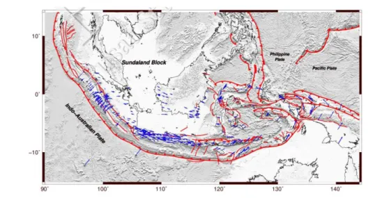 Gambar 1.  Peta  tektonik  wilayah  Indonesia  dari  data  geodetik  hingga  tahun  2016,  vektor kecepatan pada referensi sistem ITRF 2008[1]⁠