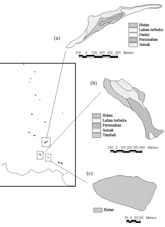 Gambar 5  Jenis penggunaan lahan dan bentuk pulau-pulau di Kepulauan Seribu; 