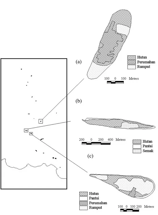Gambar 6  Jenis penggunaan lahan dan bentuk pulau-pulau di Kepulauan Seribu; 