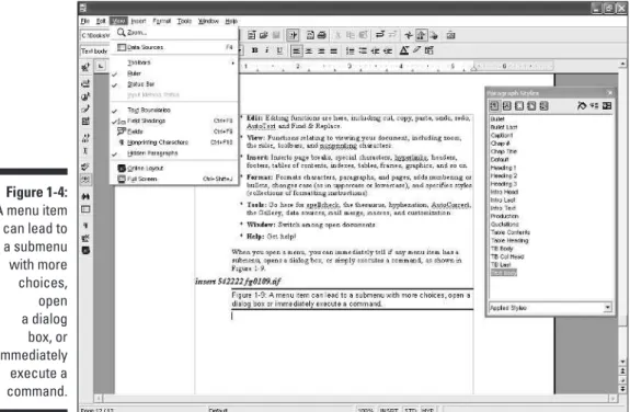 Figure 1-4: A menu item can lead to a submenu with more choices, open a dialog box, or immediately execute a command.