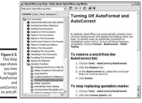 Figure 2-4: Help’s Bookmarks tab saves your favorite Help topics for future use.Figure 2-3: This Helppage showsyou howto toggleAutoFormatandAutoCorrecton and off.