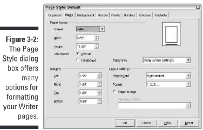 Figure 3-2: The Page Style dialog box offers many options for formatting your Writer pages.