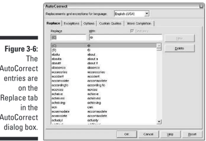 Figure 3-6: The AutoCorrect entries are on the Replace tab in the AutoCorrect dialog box.