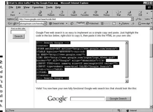 Figure 5-2: Highlight, copy, and paste Google’s free HTML code to install Google Free search.