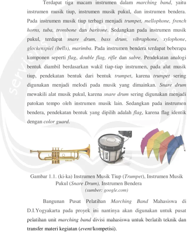 Gambar 1.1. (ki-ka) Instrumen Musik Tiup (Trumpet), Instrumen Musik  Pukul (Snare Drum), Instrumen Bendera 