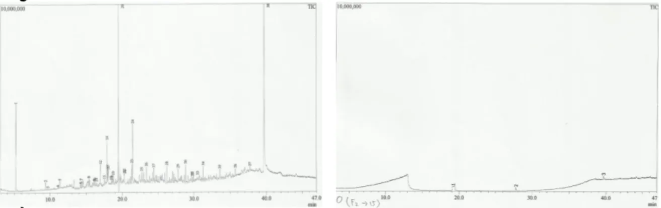 Gambar 3. Kromatogram  hasil bioliquefaksi perlakuan A (lignit mentah + T.asperellum) dan  B (lignit steril + T.asperellum)