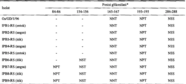 Tabel 4.  Sekuen  asam  amino  hemaglutinin virus avian  influenza subtipe H5N1  isolat unggas air yang  berpotensi sebagai posisi  glikosilasi  Isolat  -  -  - Posisi glikosilasi *  84-86  154-156  165-167  193-195  286-288  W G D /   1/96  IPB 1-RS (ento