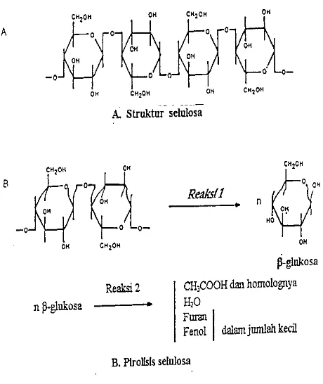 Gambar 3. Struktur dan pirolisis selulosa (Girard, 1992) 