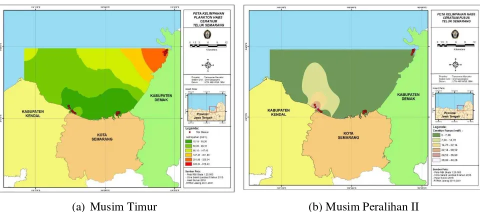 Gambar 5. Peta Kelimpahan Plankton HABs Ceratium di Teluk Semarang Pada Musim Timur - MusimPeralihan II Tahun 2016 