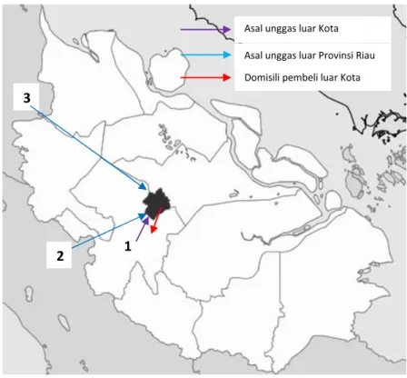 Gambar 2. Peta  pola  distribusi  unggas  berdasarkan  daerah  asal  itik  (luar  Kota Pekanbaru dan luar Provinsi Riau)