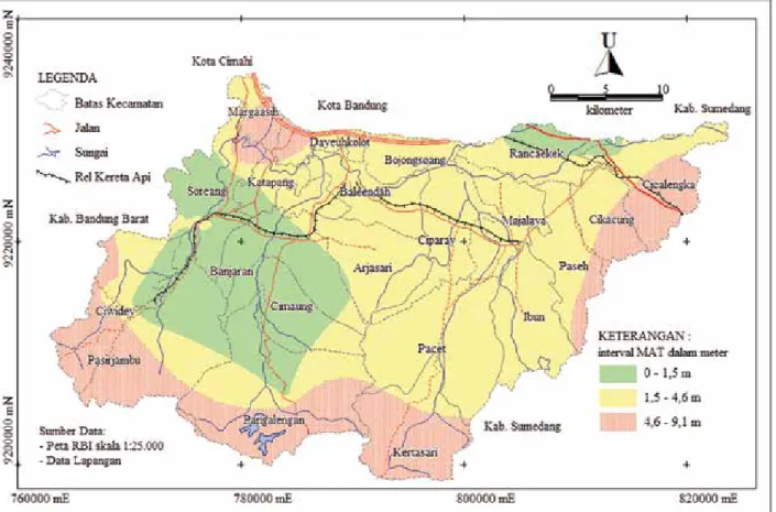 Gambar 4. Peta penyebaran permukaan air tanah di Bandung Selatan.