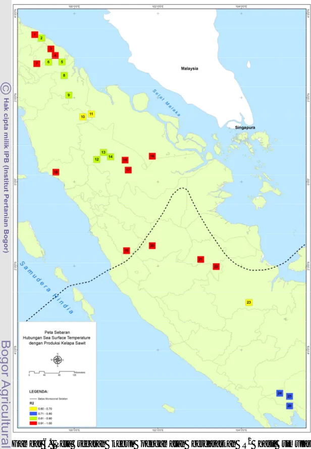 Gambar 6.  Peta  sebaran  kebun  pengamatan  berdasarkan  R 2   hasil  simulasi  produksi berdasar umur dan batas wilayah Monsoonal Selatan
