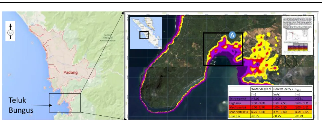 Gambar 1. Letak Teluk Bungus di Kota Padang dan estimasi rendaman tsunami di PPS Bungus  (Kotak A) berdasarkan dokumen Padang Konsensus ke-2 (2010) (Husrin et al., 2013) 