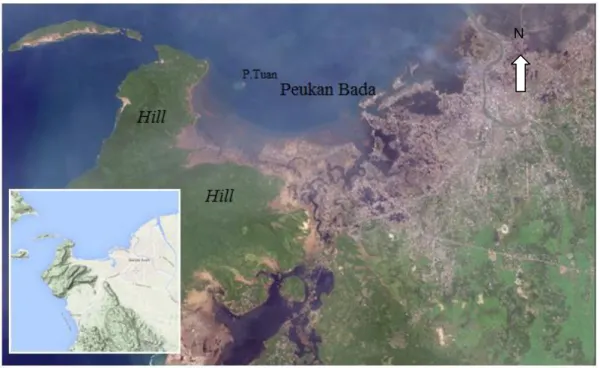 Gambar 1. Peta lokasi Peukan Bada Aceh Besar, hasil foto satelit   IKONOS setelah tsunami 29 Desember 2004