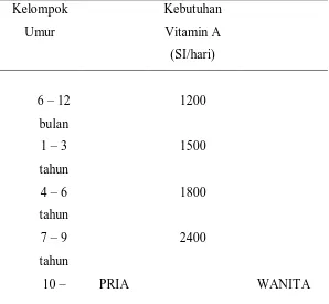 Tabel 2.3 RDA Vitamin untuk Indonesia  