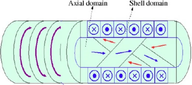 Gambar 2.5. Struktur domain magnetik di bagian inti tegak lurus dan melingkar di  bagian kulit (Phan dan Peng, 2008)