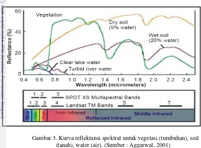 Gambar 3. Kurva reflektansi spektral untuk vegetasi (tumbuhan), soil 
