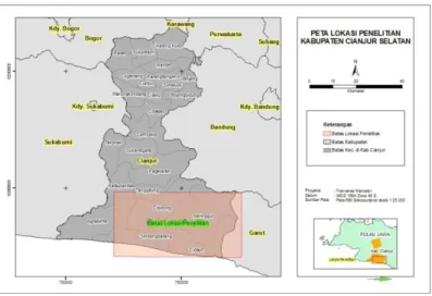 Gambar 1. Peta lokasi daerah penelitian di wilayah Cianjur bagian selatan 