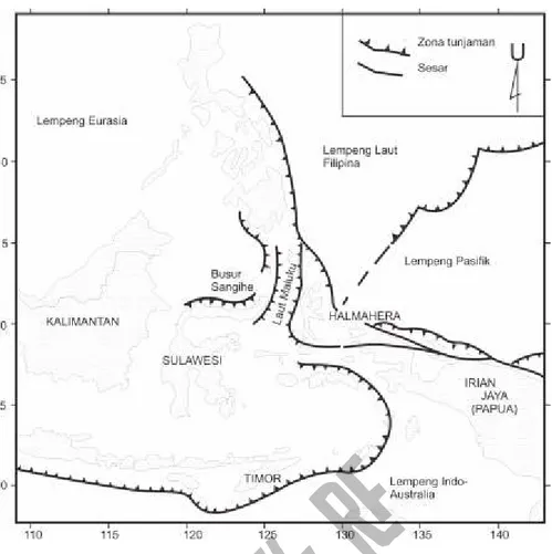 Gambar 1. Peta tektonik Laut Maluku dan sekitarnya (Silver &amp; Moore, 1978).J.G.S.M