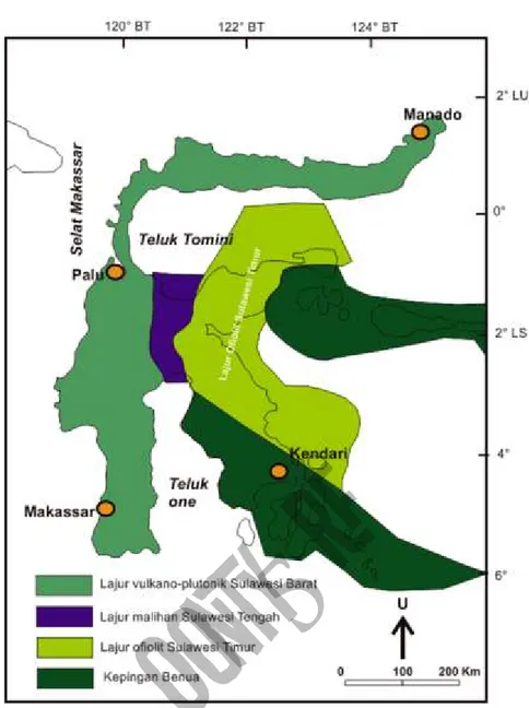 Gambar 4. Pembagian mendala di Sulawesi dan sekitarnya, tampak Lajur Ofiolit Sulawesi  Timur yang sangat tebal (dimodifikasi dari Surono, 2010).