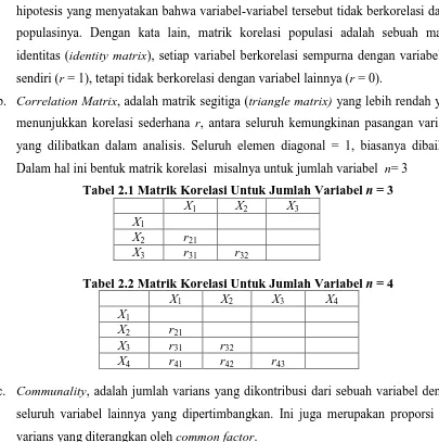 Tabel 2.1 Matrik Korelasi Untuk Jumlah Variabel n = 3  X X X 