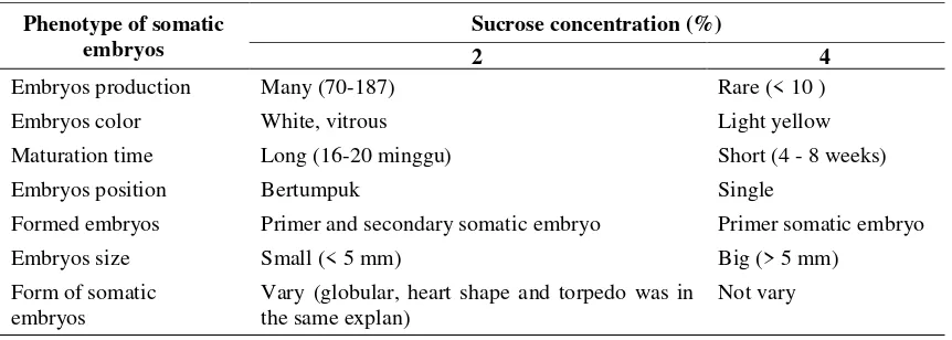 Table 4. Influence of sucrose concentration on somatic embryos phenotype 
