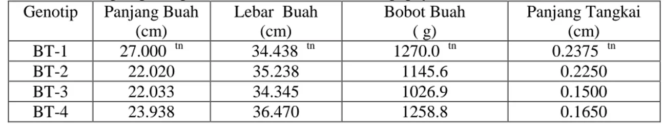 Tabel  1.  Data  pengamatan  ciri  buah:  panjang  buah,  lebar  buah,  berat  buah  dan  panjang  tangkaigenotip BT-1, BT-2, BT-3 dan BT-4 pepaya 