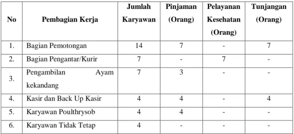 Tabel  1.  Data  Kesejahteraan  Karyawan  di  Kelompok  Usaha  Budi  Mulia  Kecamatan Kuranji  No  Pembagian Kerja  Jumlah  Karyawan  Pinjaman (Orang)  Pelayanan  Kesehatan  (Orang)  Tunjangan (Orang)  1