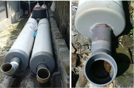Figure 2. These PVC pipes are used by the community for the digester. They insert cow dung and water and the   gasification	processing	will	take	from	1	to	2	weeks.	Gadjah	Mada	University	Indonesia’s	student	fieldwork	pro-gram (primarily students from the L