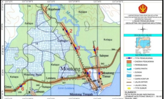 Gambar 2. Lokasi pengukuran Geolistrik  Pengambilan  data  di  lapangan,  dimulai  dengan  survei  pendahuluan  untuk  mengetahui  kondisi  geologi  dearah  penelitian  dengan  menggunakan  peta  geologi  lembar  Toli-toli  dan  topografi  daerah  penelitian  dengan  menggunakan  peta  Rupa  Bumi  Indonesia lembar Moutong 