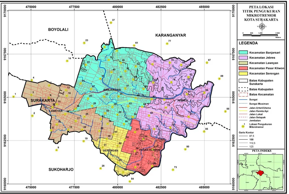 Gambar I.3. Peta lokasi daerah penelitian dan lokasi titik pengambilan data mikrotremor 
