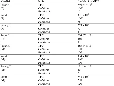 Tabel 2. Jumlah sel Bakteri (TPC) dan uji MPN di Lokasi Pemukiman Penduduk                (P) dan Mangrove (M) 