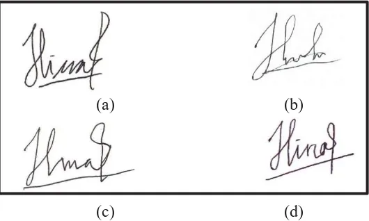 Gambar 1.  Tipe pemalsuan tanda tangan, (a) tanda tangan asli; (b) tanda tangan palsu random; (c) tanda tangan palsu unskilled; (d) tanda tangan palsu skilled 