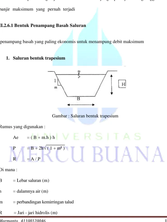 Gambar : Saluran bentuk trapesium 