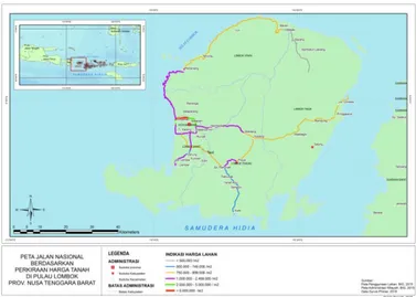 Gambar 9 Peta Jalan Nasional Berdasarkan Perkiraan Harga Tanah di Pulau Lombok 