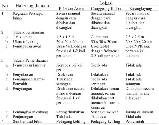 Tabel 7 Teknik persiapan lahan, penanaman, pemeliharaan dan sumber asal bibit  pada hutan rakyat di Kecamatan Conggeang 