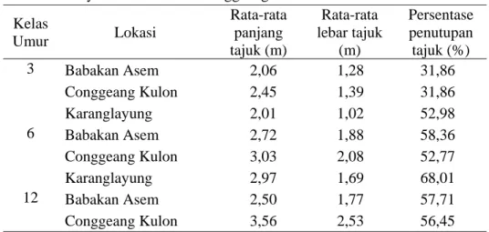 Tabel 4  Rata-rata ukuran tajuk dan persentase penutupan tajuk pada hutan  rakyat di Kecamatan Conggeang 