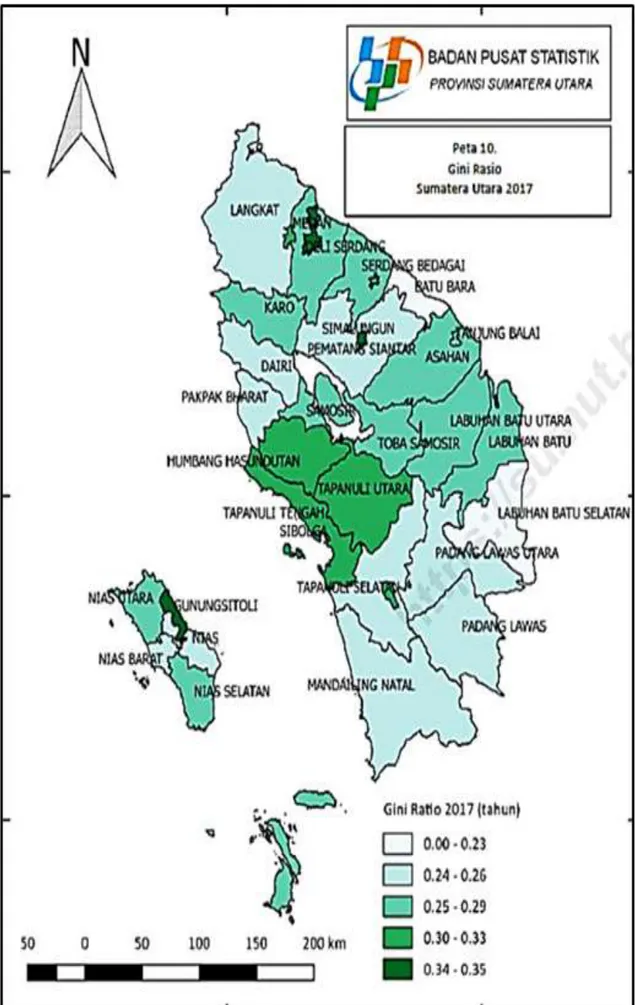Gambar 1. Peta Tematik Laju Pertumbuhan dan Gini Rasio Provinsi Sumatera Utara 2017  Sumber: Badan Pusat Statistik Tahun 2017