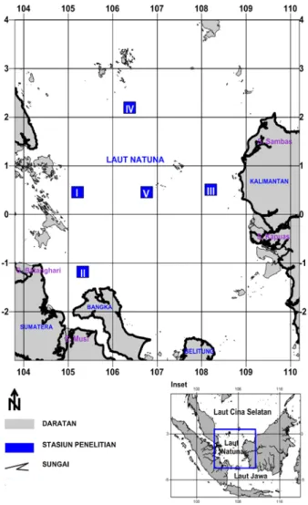 Gambar 1.  Lokasi penelitian. Inset adalah lokasi penelitian (kotak) dilihat dari wilayah                    Perairan Indonesia dan Malaysia